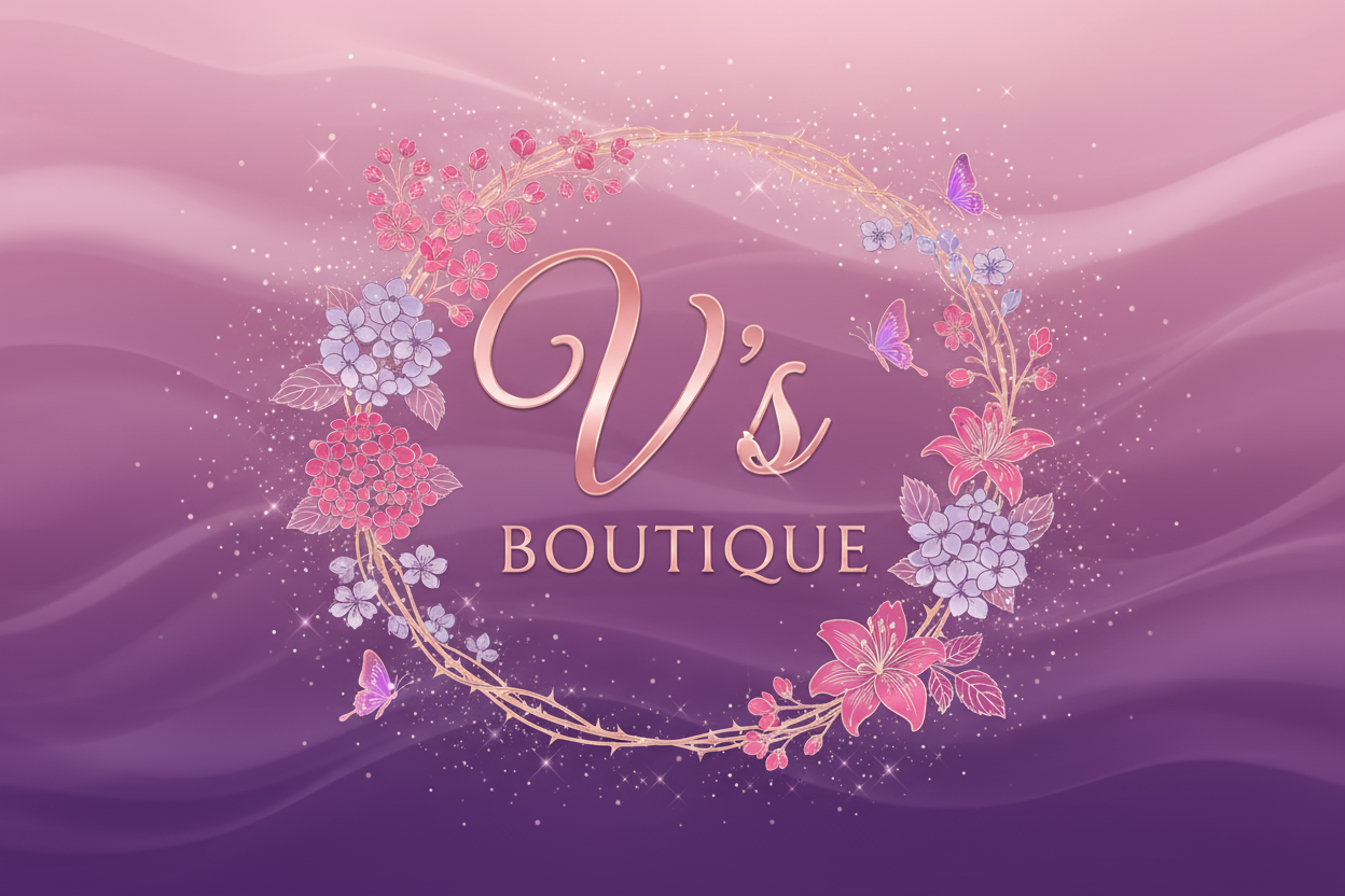 V's Boutique 紫粉色为主，带花和蝴蝶，带点闪闪的元素